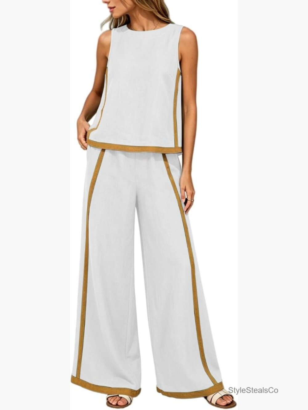Women’s White Wide-Leg Two-Piece Jumpsuit with Gold Trim